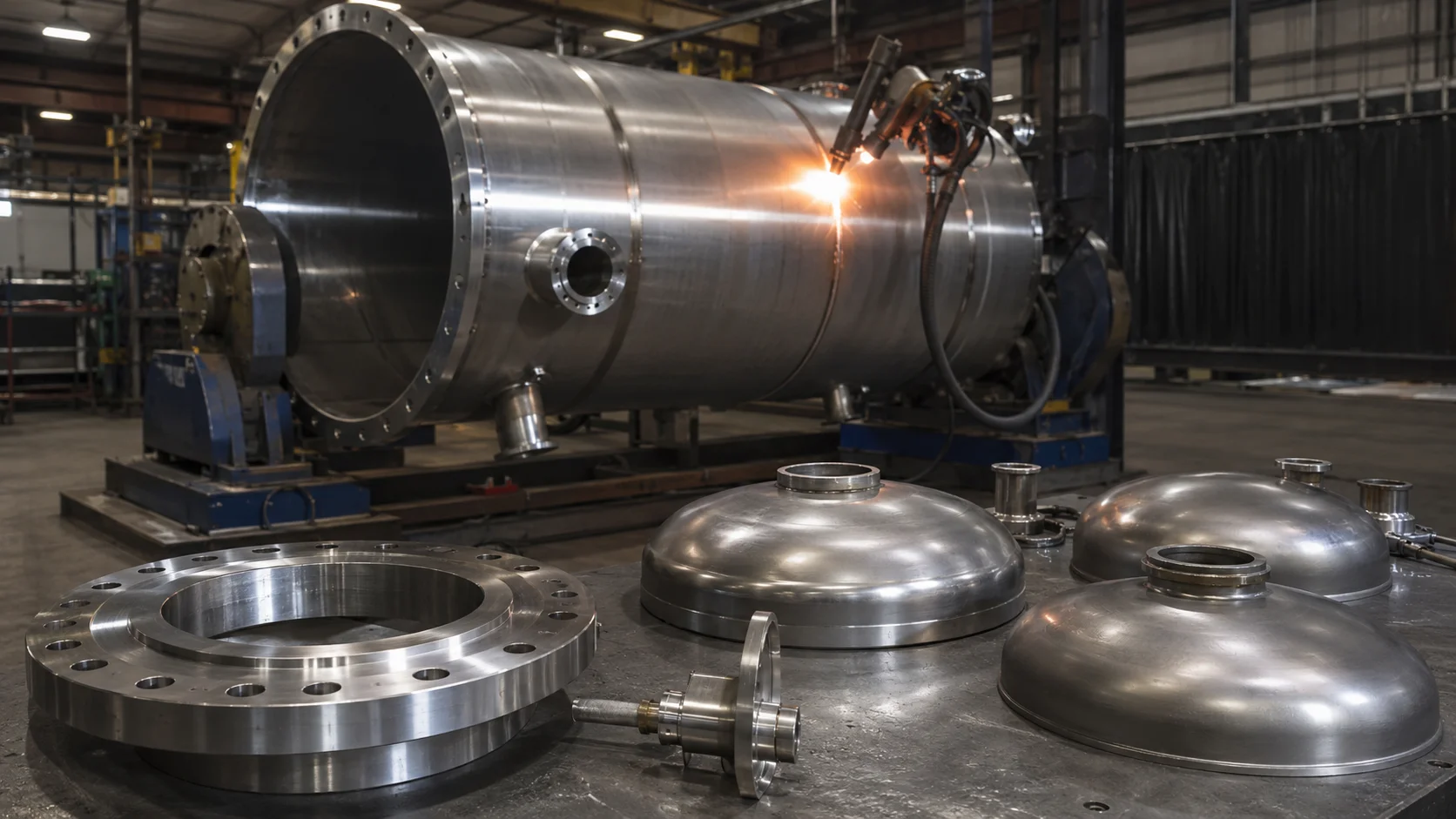 Pressure vessel fabrication zone with stainless steel welding and dimensional inspection
