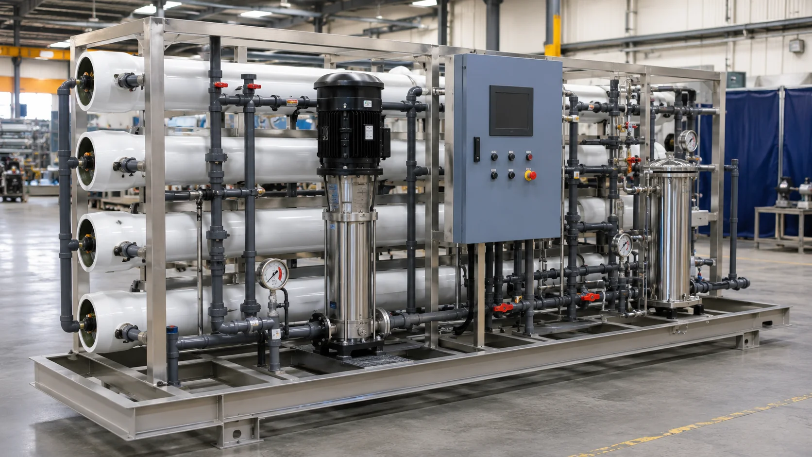 System integration and skid assembly zone with RO membrane systems and piping connections