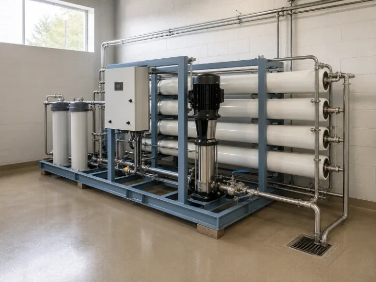 A packaged commercial reverse osmosis skid installed in a plant utility room