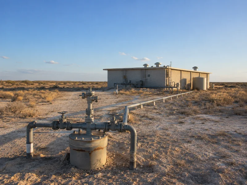 An inland wellhead and pipework supplying brackish groundwater to a nearby treatment building.
