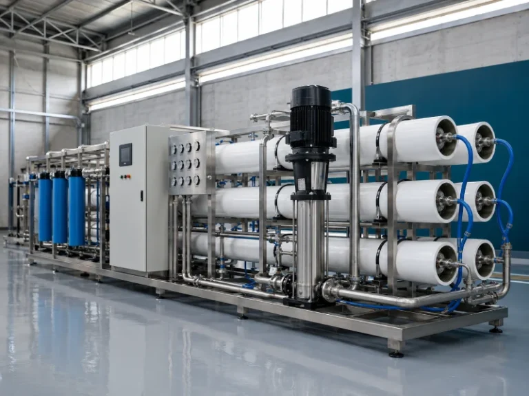 An industrial brackish water reverse osmosis skid installed indoors at a water treatment plant.