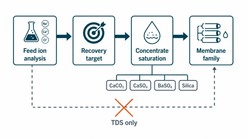 Decision-chain diagram showing why feed analysis and recovery, not the salinity band, determine which membrane family fits.