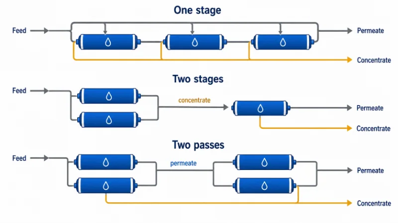 Schematic comparing one-, two-, and three-stage arrays: vessel count falls toward the concentrate end.
