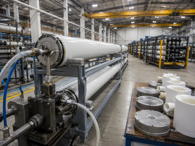 Membrane pressure vessels being assembled and pressure-tested on a water treatment production line.