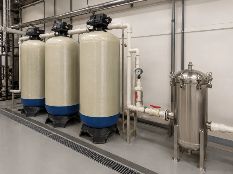 Pretreatment train of media and cartridge filters feeding an industrial brackish water RO skid.