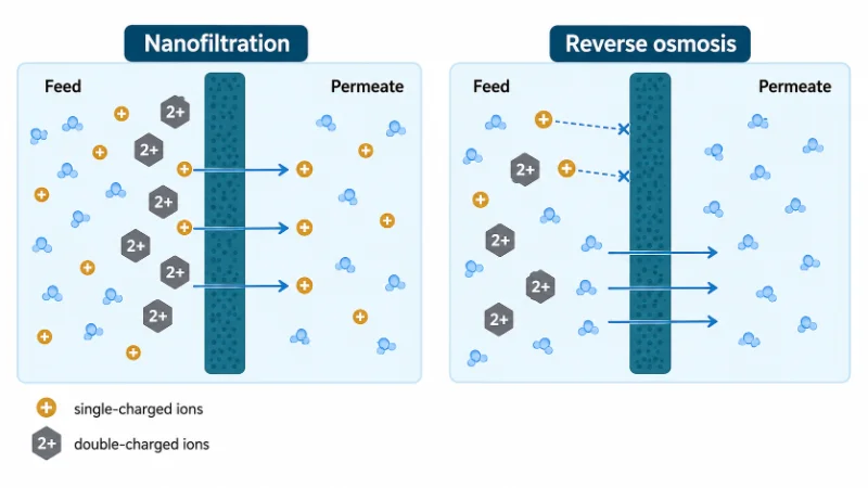 Diagram comparing how RO and NF reject single- and double-charged ions, showing why NF lets sodium and chloride through.