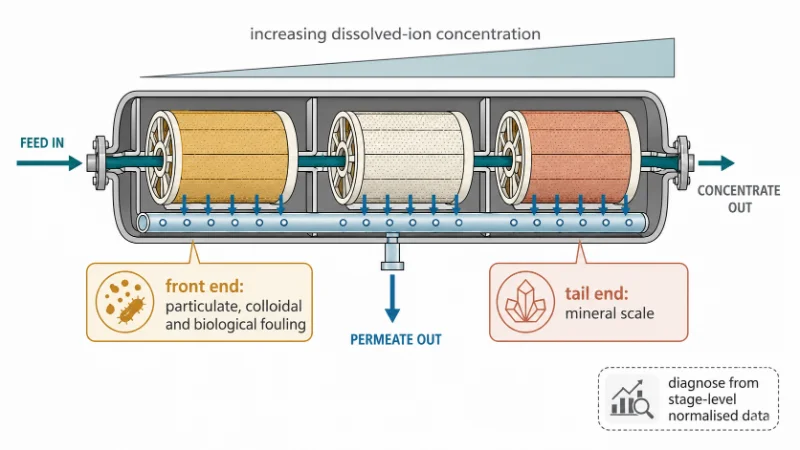 Diagram contrasting where fouling appears at the front of an RO array with where scale forms at the tail