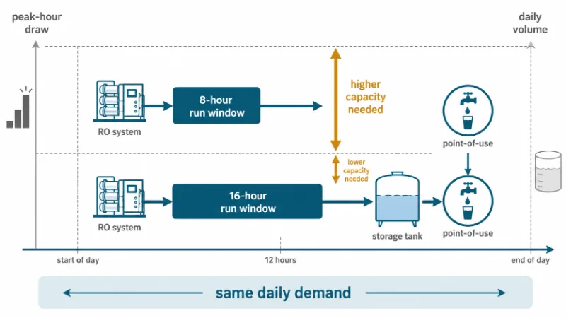 window and storage change required RO capacity Flow diagram showing how a longer run window and storage lower the RO capacity a site needs