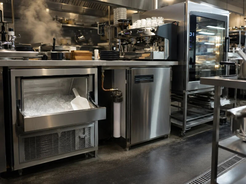 Filtered water feeding a commercial kitchen's ice machine, espresso and steam equipment