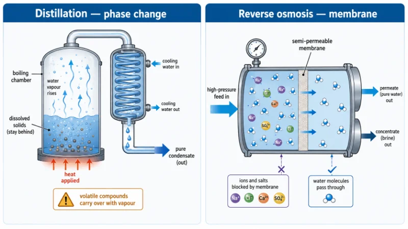 Diagram contrasting phase-change separation in distillation with membrane separation in reverse osmosis