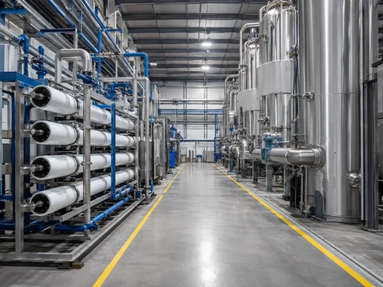Industrial reverse osmosis skid and thermal distillation units in a process water plant