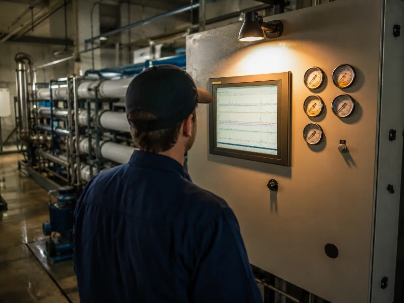 Engineer reviewing normalized permeate flow and differential pressure on a high-pressure RO control panel to detect fouling before energy consumption rises
