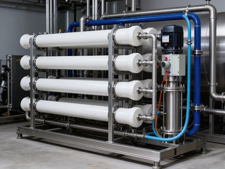 Skid-mounted industrial reverse osmosis system with pressure vessels and high-pressure pump for dissolved-solids removal