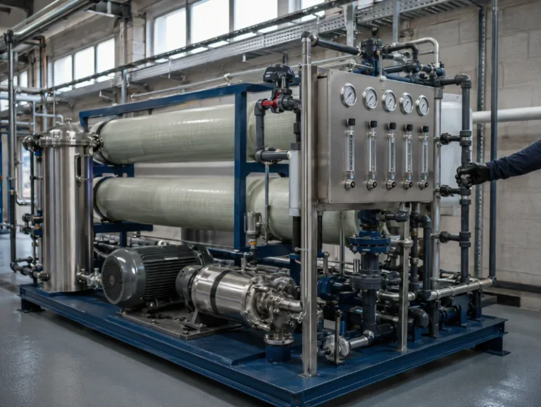 Industrial reverse osmosis skid with pressure vessels and high-pressure pump in a plant