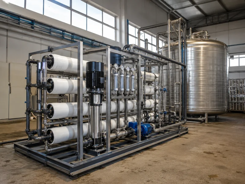 Skid-mounted reverse osmosis unit supplying treated process water in an industrial facility, with membrane housings, pumps, and a storage tank