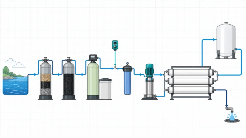 Process flow schematic of an industrial reverse osmosis installation showing pretreatment stages, high-pressure pump, membrane array, and permeate and concentrate streams
