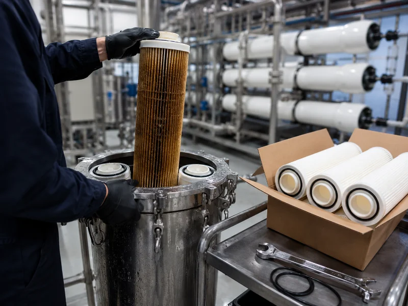 Technician replacing cartridge filter elements in the pretreatment stage ahead of RO membranes