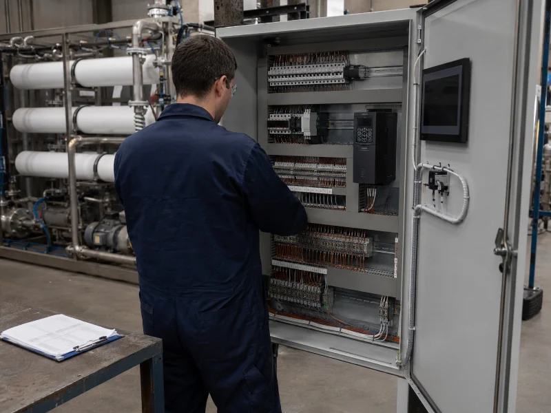 Technician inspecting a wired industrial control panel during factory acceptance testing