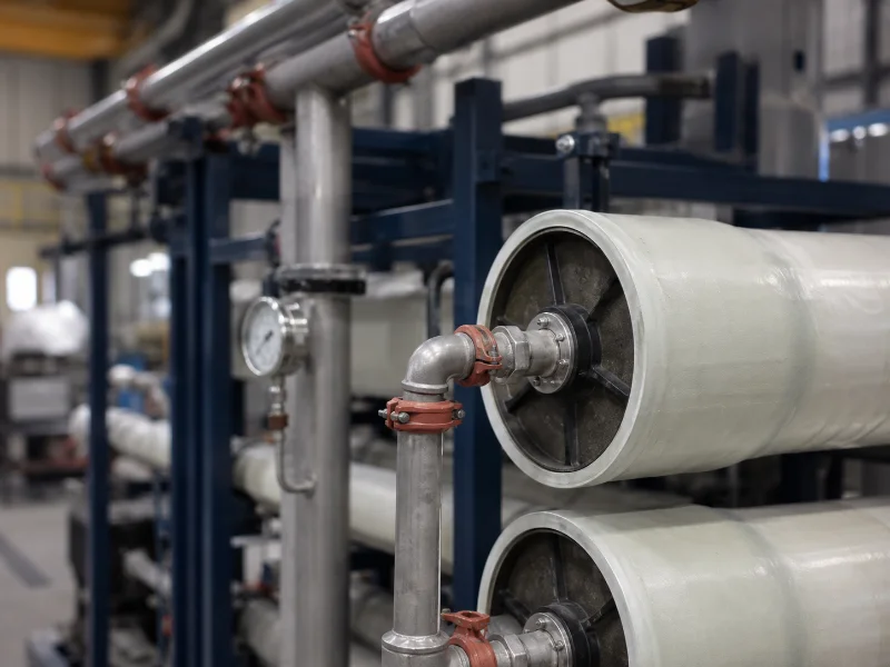 Rows of horizontal membrane pressure vessels on a skid frame, seen from the connection end