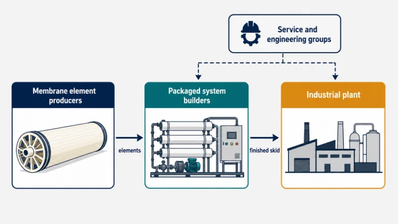 Flow diagram of the industrial RO supply chain, from element producers through skid builders to the plant