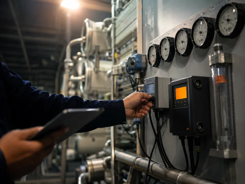 Operator recording stage pressure and conductivity readings at an industrial RO control panel