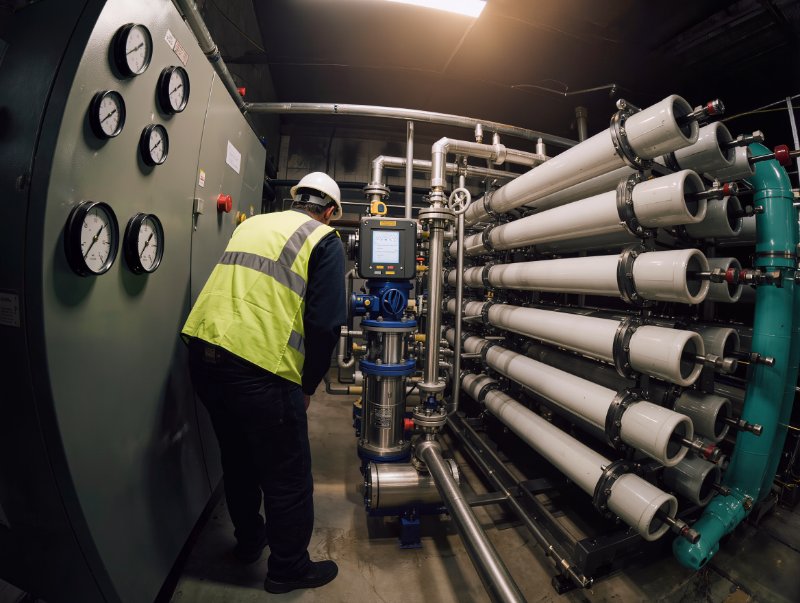 Plant operator checking pressure gauges on an industrial reverse osmosis system to diagnose flow anomalies