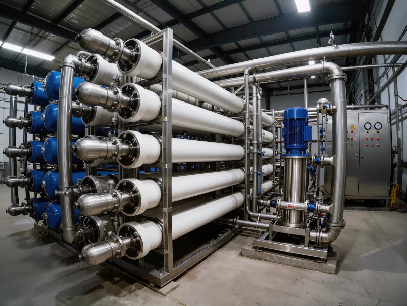 Multi-stage industrial reverse osmosis installation with staged membrane housings, high-pressure pump skid and control instrumentation