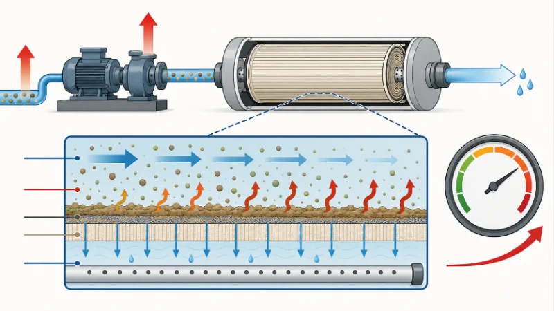 Schematic of membrane fouling adding hydraulic resistance and raising feed pressure and specific energy consumption in a high-pressure RO system, with flux and recovery rate labeled