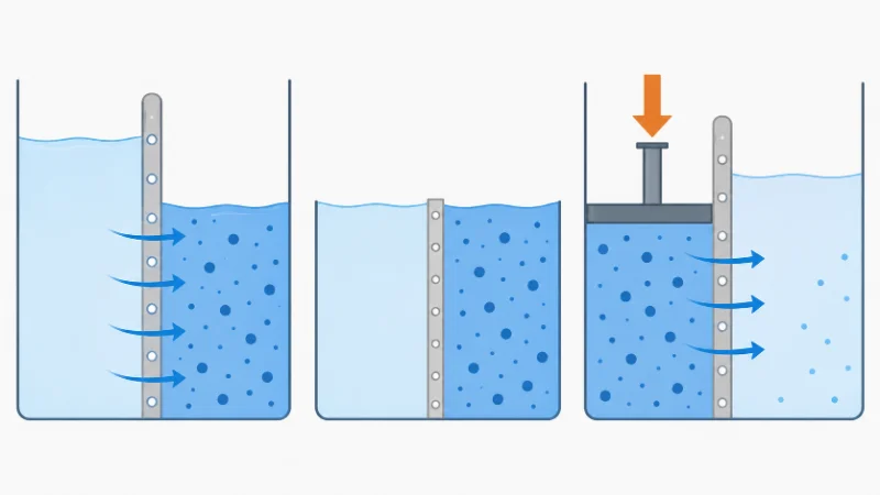 Diagram comparing natural osmosis, osmotic equilibrium, and pressure-driven reverse osmosis across a semi-permeable membrane