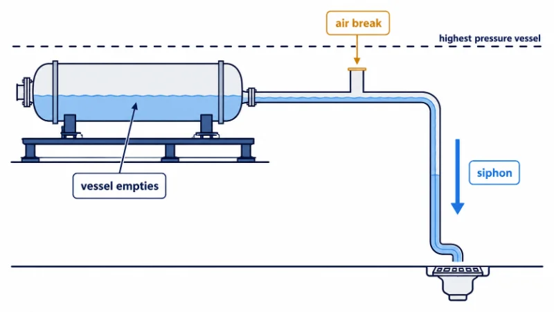 Diagram showing why a concentrate line below the vessels siphons them dry without an air break