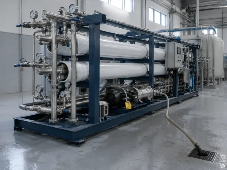 Industrial RO skid with pressure vessel banks isolated and drained ahead of element removal