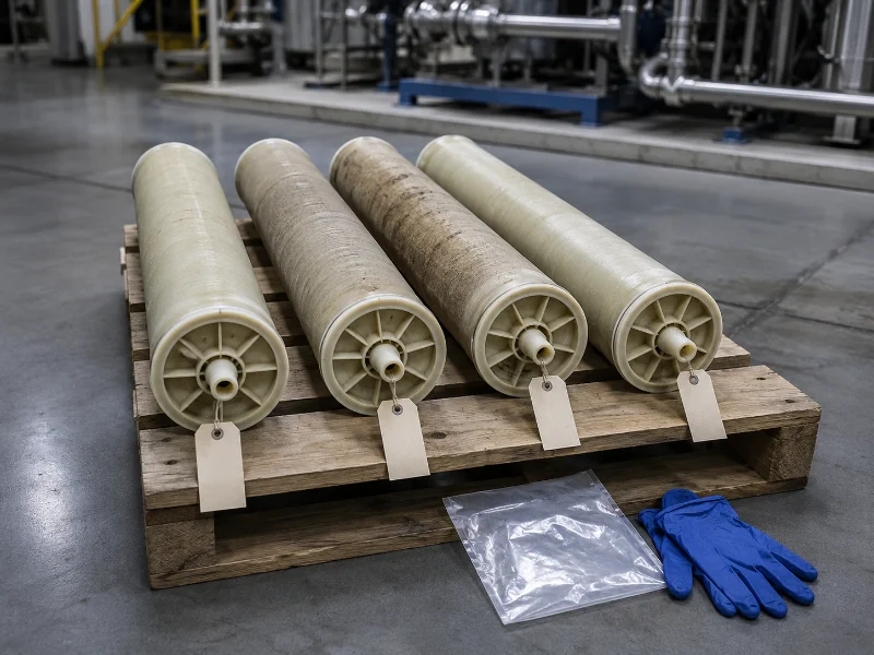 Removed RO membrane elements laid out in stack order, each tagged with vessel and position