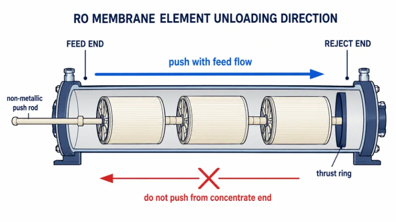 Diagram of RO element removal: elements push out with feed flow toward the reject end