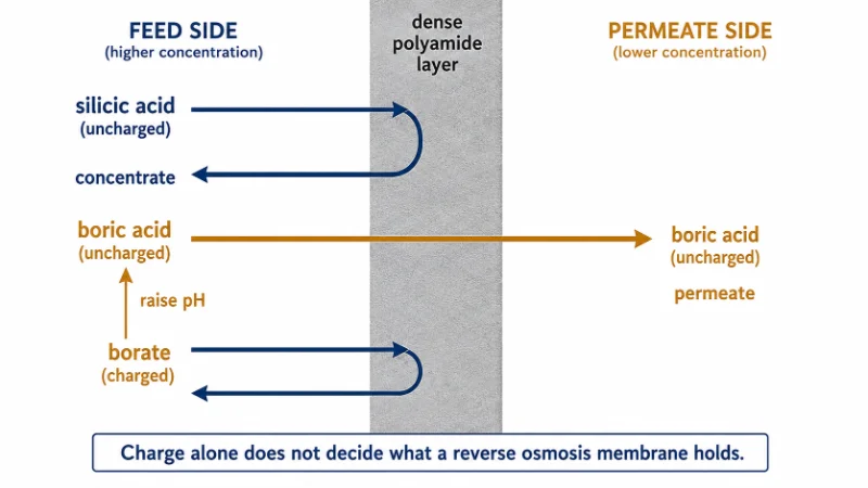 Diagram contrasting silica and boron at an RO membrane: both uncharged, opposite outcomes
