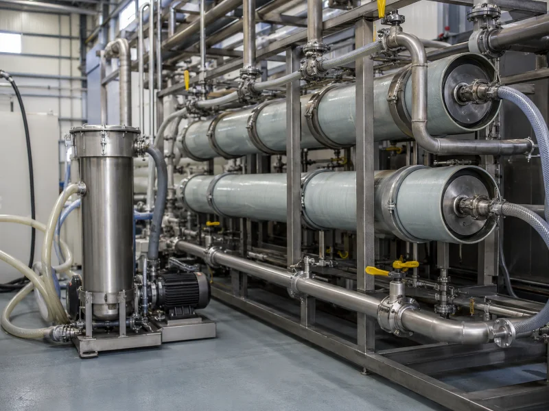 Two-stage RO rack with CIP hoses clamped to the upper row of pressure vessels only, the lower row's valve closed