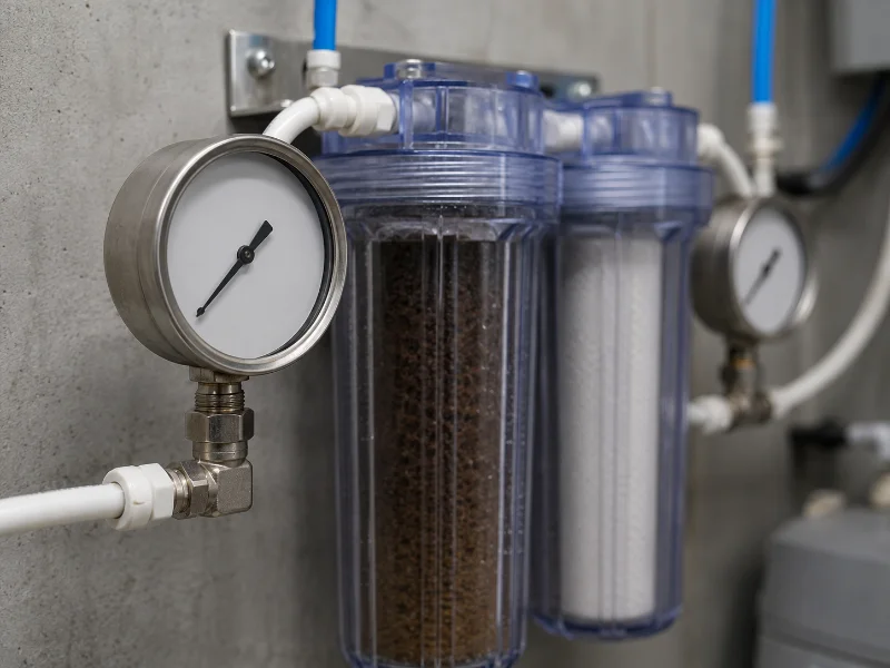 Pressure gauges fitted upstream and downstream of RO pre-filter housings to read differential pressure