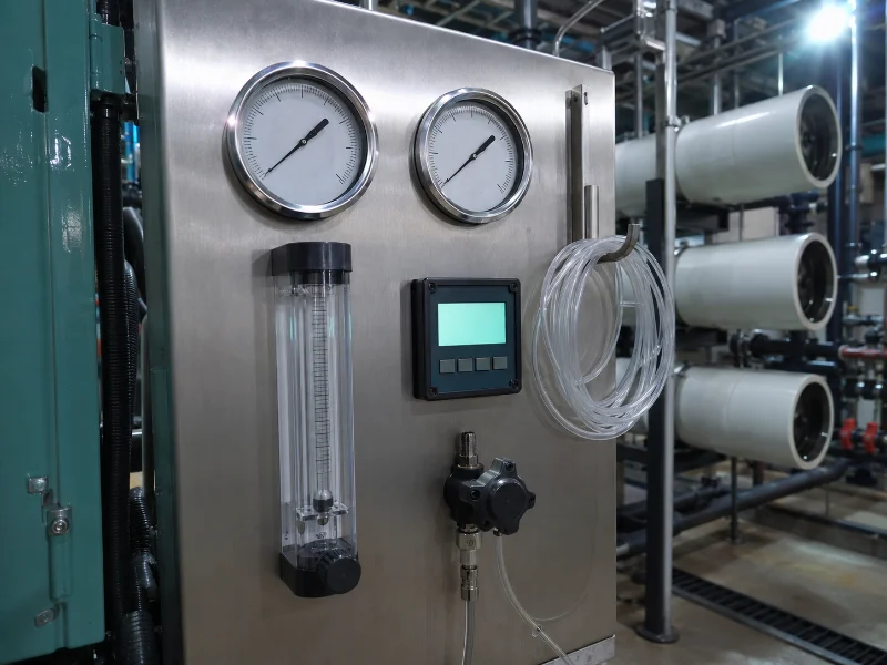 Instrument panel on an industrial reverse osmosis skid showing pressure gauges, a flow meter and a conductivity readout used to track membrane performance