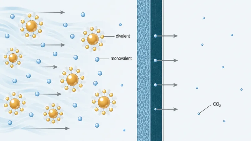 Cross-section illustration of water passing through a reverse osmosis membrane while larger hydrated ions are held back on the feed side and swept away