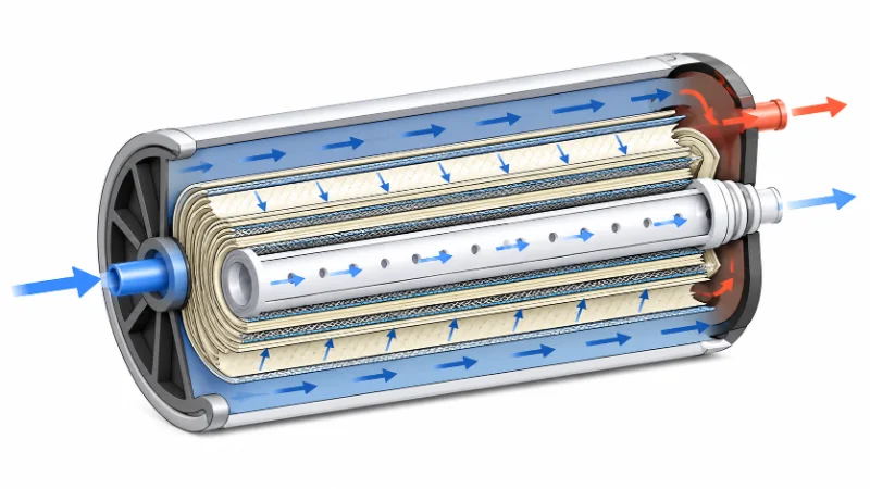 Cutaway of a reverse osmosis membrane showing feed water splitting into purified permeate and a concentrated reject flow to drain