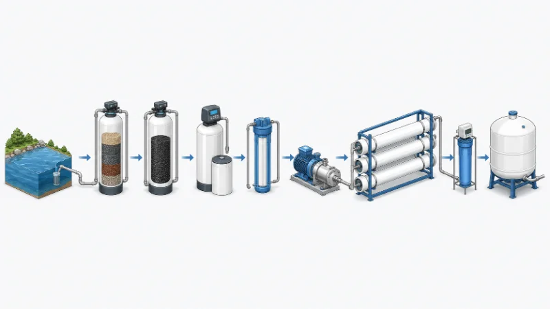 Reverse osmosis system component flow from source water through pretreatment, high-pressure pump, and RO membrane vessels to post-treatment and storage