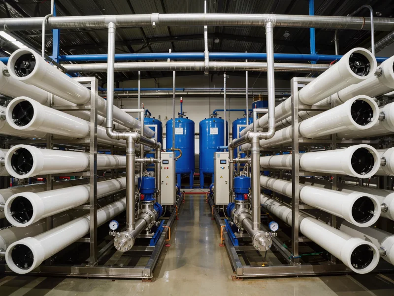 Industrial reverse osmosis system and its components in a plant room: membrane vessel array, high-pressure pumps, gauges, and PLC control cabinet