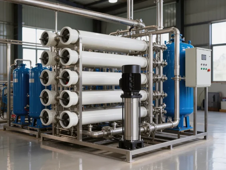 Industrial reverse osmosis system components including a membrane pressure vessel array, high-pressure pump, and control panel on a skid
