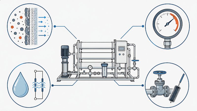 Diagram of four industrial reverse osmosis system problem categories: fouling, pressure anomalies, water quality deviations, and operational errors