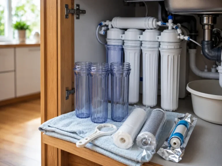 Under-sink reverse osmosis system with its sediment, carbon, membrane and post-filter cartridges laid out for replacement