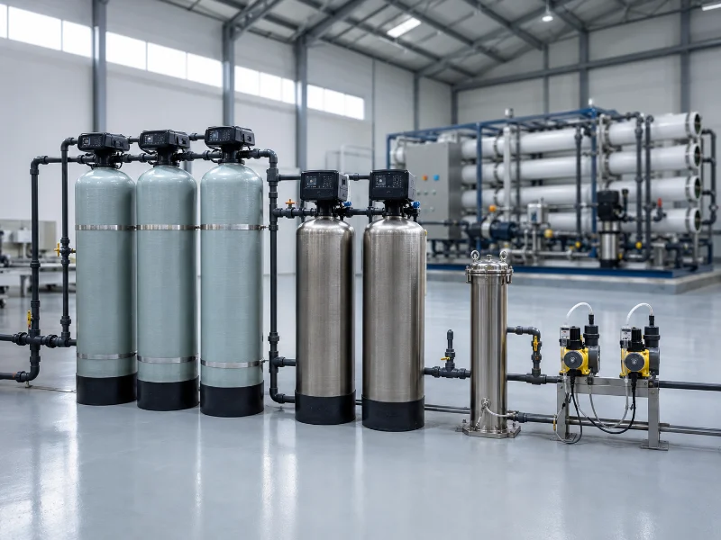 Media filters, carbon tanks and dosing pumps piped toward a skid-mounted industrial reverse osmosis unit behind them