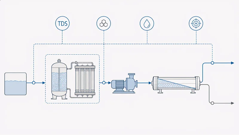 Schematic showing feedwater envelope, pretreatment, RO membrane stage, permeate and concentrate streams with recovery variables