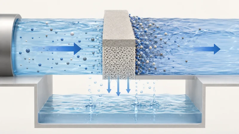 Cross-section concept of a reverse osmosis membrane blocking nanoplastic particles while pressurized water passes through the dense selective layer