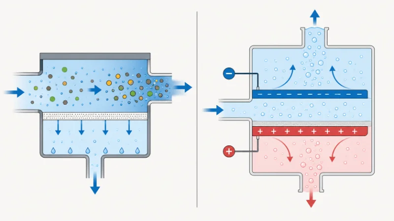 Diagram contrasting reverse osmosis membrane separation, which removes dissolved solids, with water ionizer electrolysis, which splits filtered water into alkaline and acidic streams