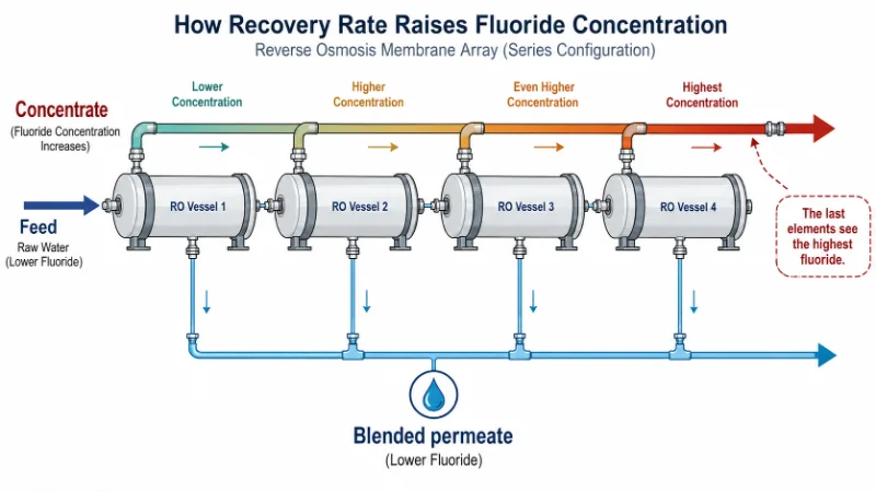 Diagram of how recovery raises fluoride in an RO array's last membranes and blended permeate