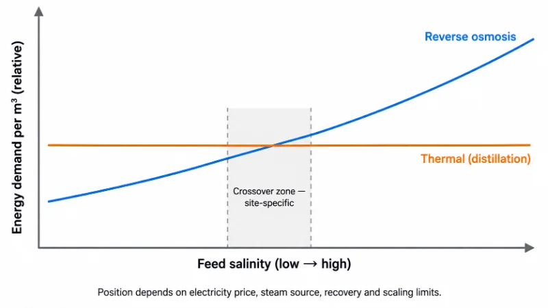 Schematic of RO energy rising with feed salinity versus roughly flat thermal demand, crossover marked site-specific